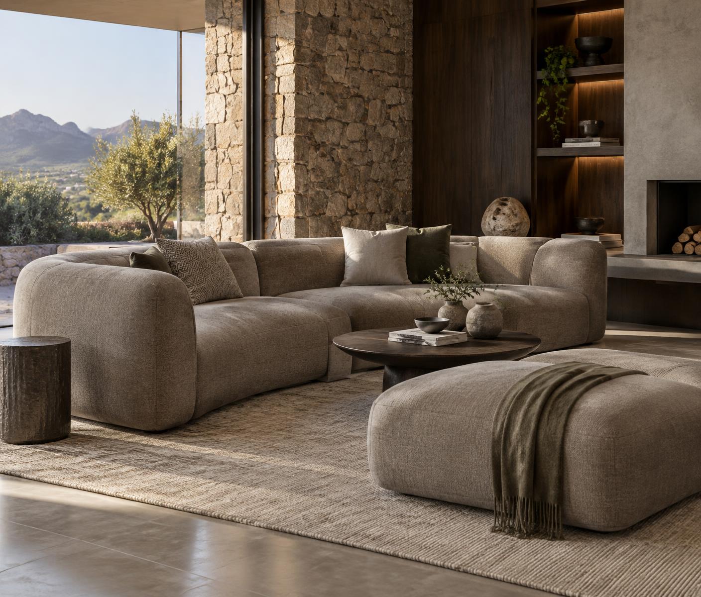 Concept image of a corner sofa and ottoman in warm taupe upholstery